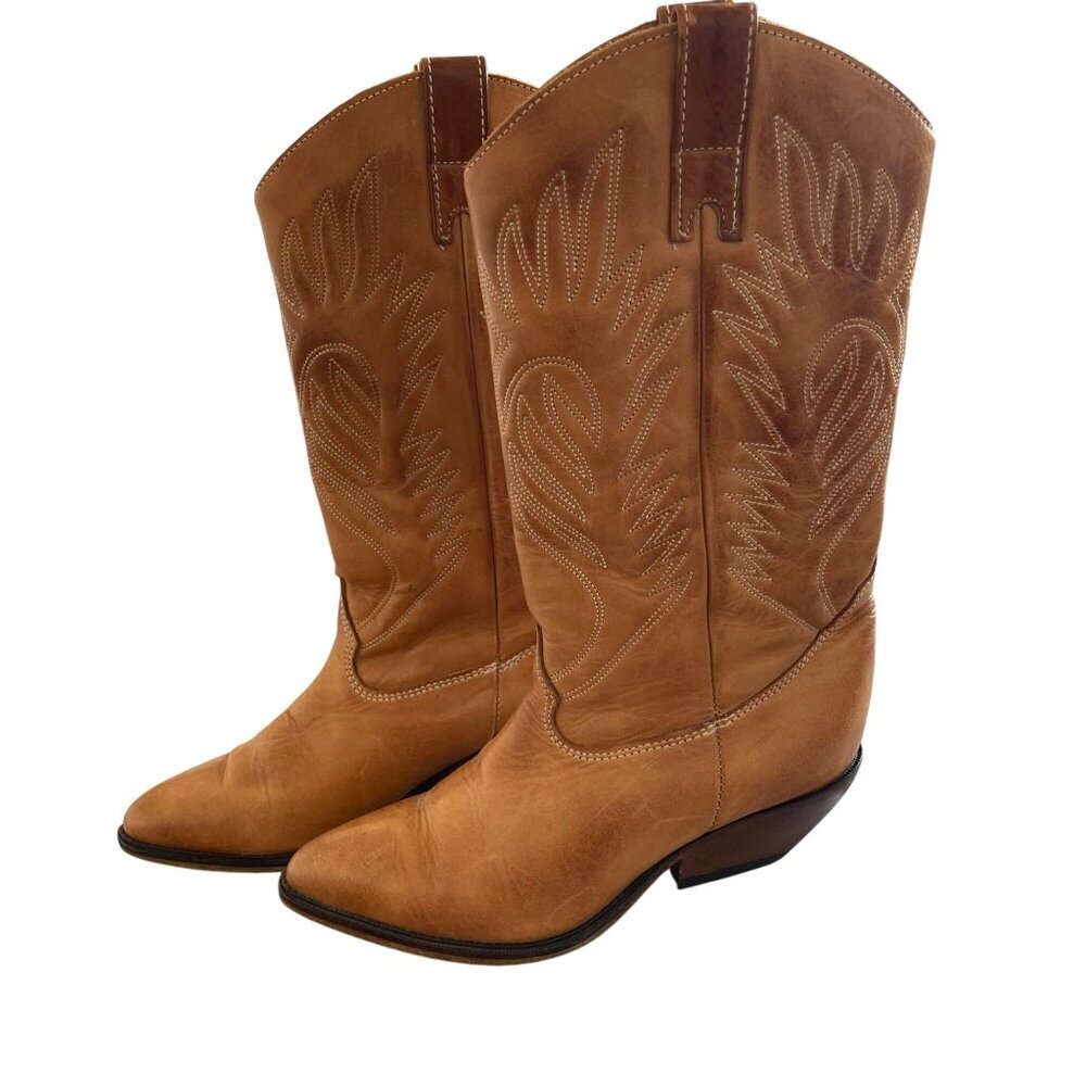 Zodiac Vintage Womens Boot Size 6 Tan Two Tone Embroidered Cowboy USA - Picture 2 of 13